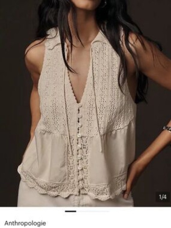Anthropologie Tops - NWT ANTHROPOLOGIE Ivory Crochet-Trim Sleeveless Button Front Top Size Medium